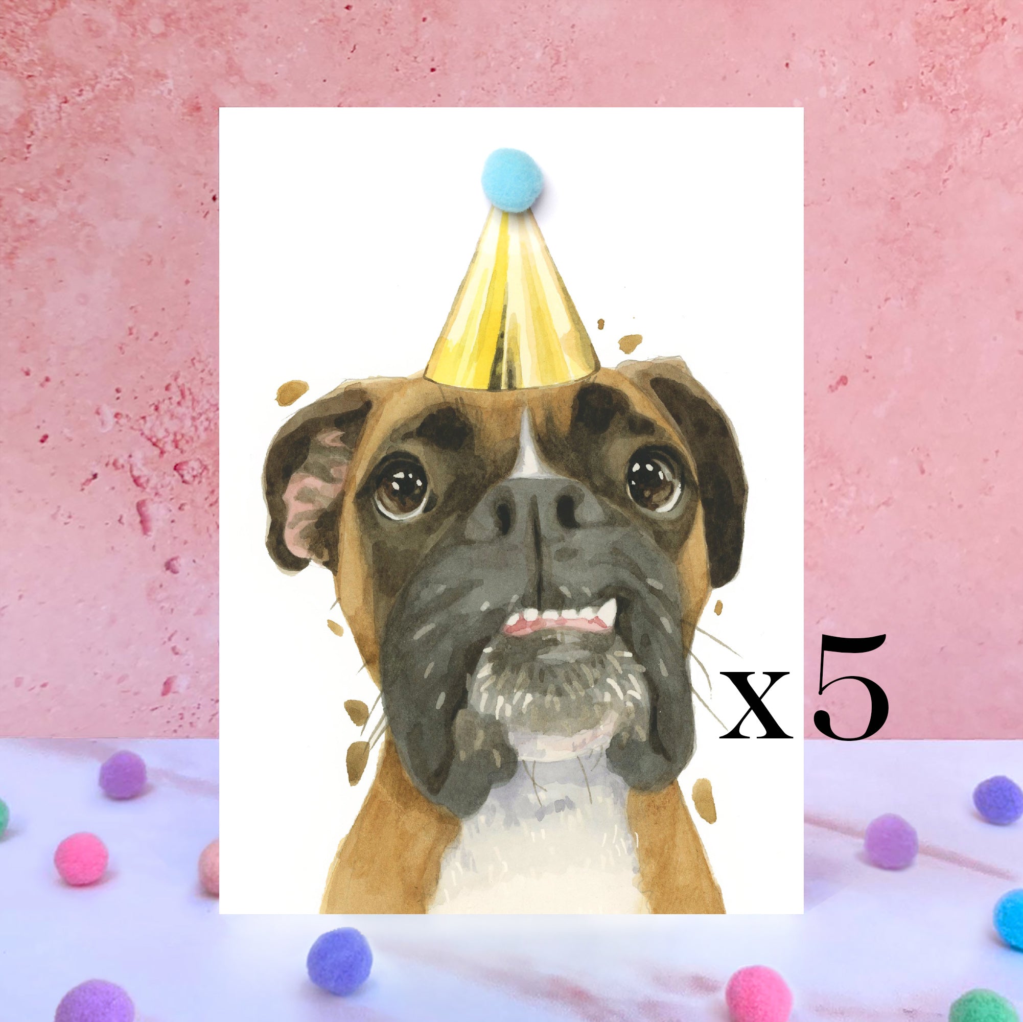Pack of 5 Boxer Dog Pompom Birthday Card
