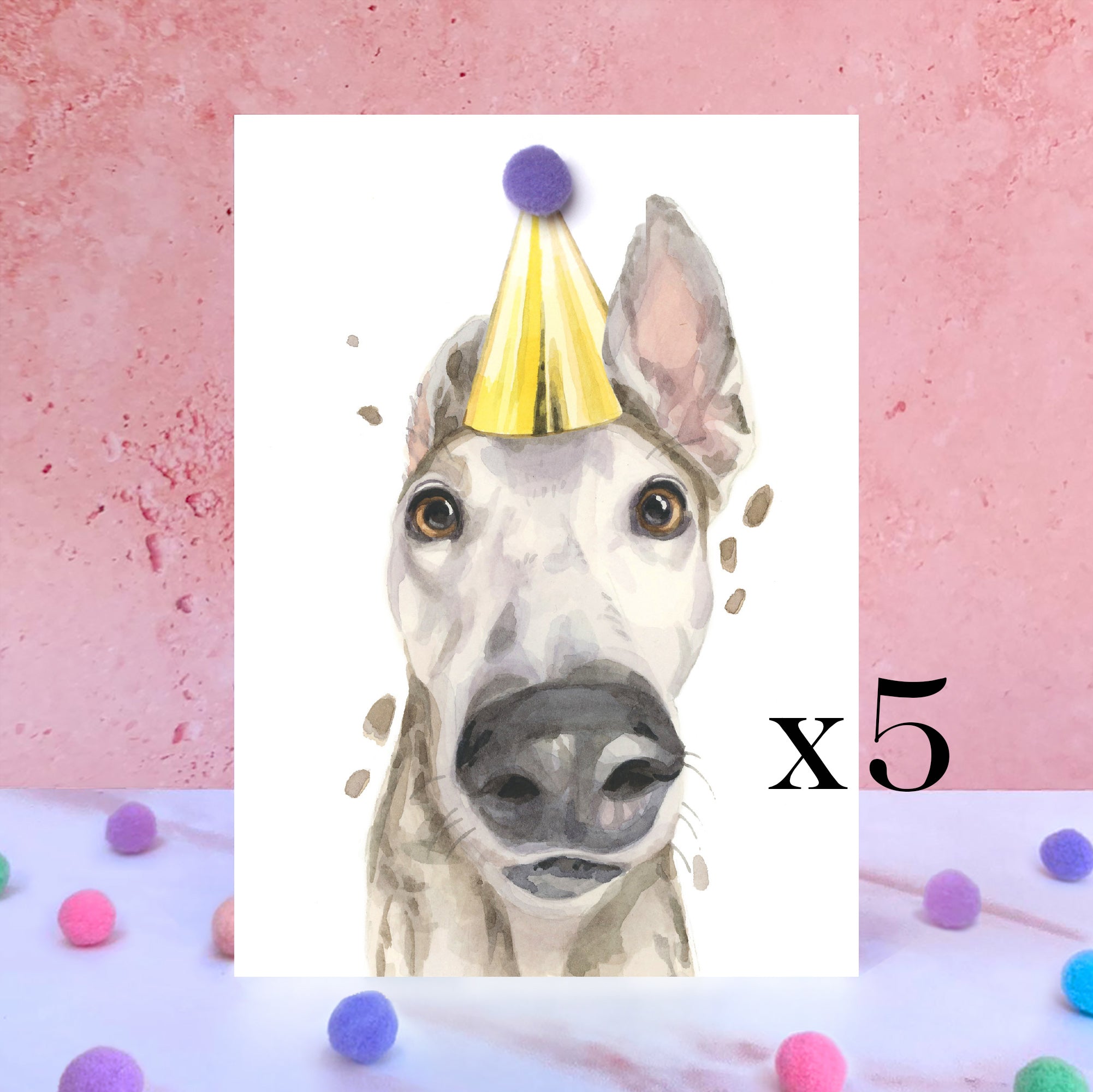 Pack of 5 Greyhound Pompom Birthday Card