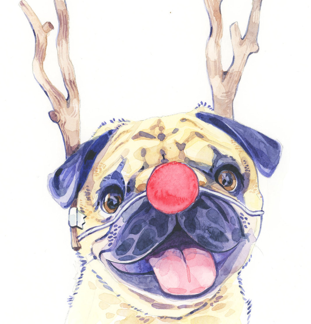 Pug Dog Christmas Cards, Cute Fine Art Puggy Xmas Holiday Greeting Card
