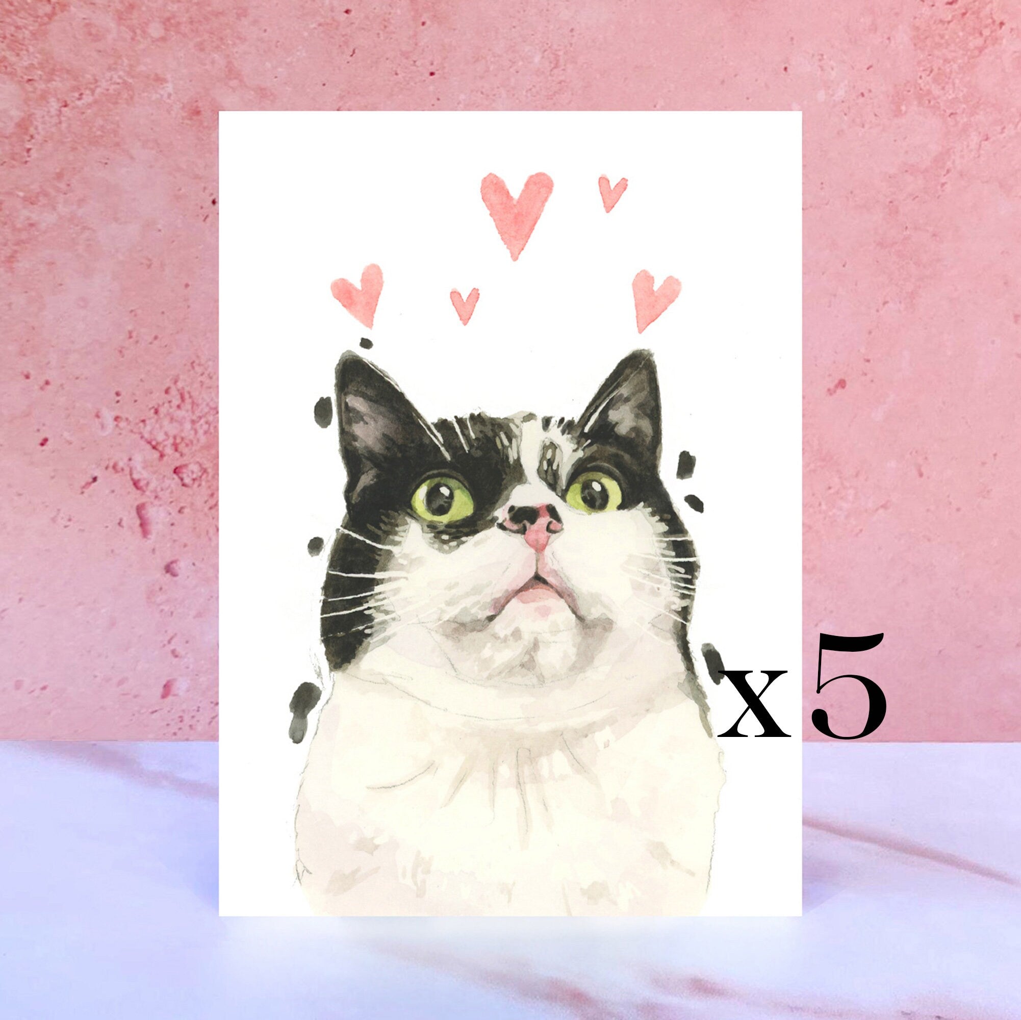 Pack of 5 Black and White Cat Licks & Kisses Card for Valentines, Anniversaries and from the Cat