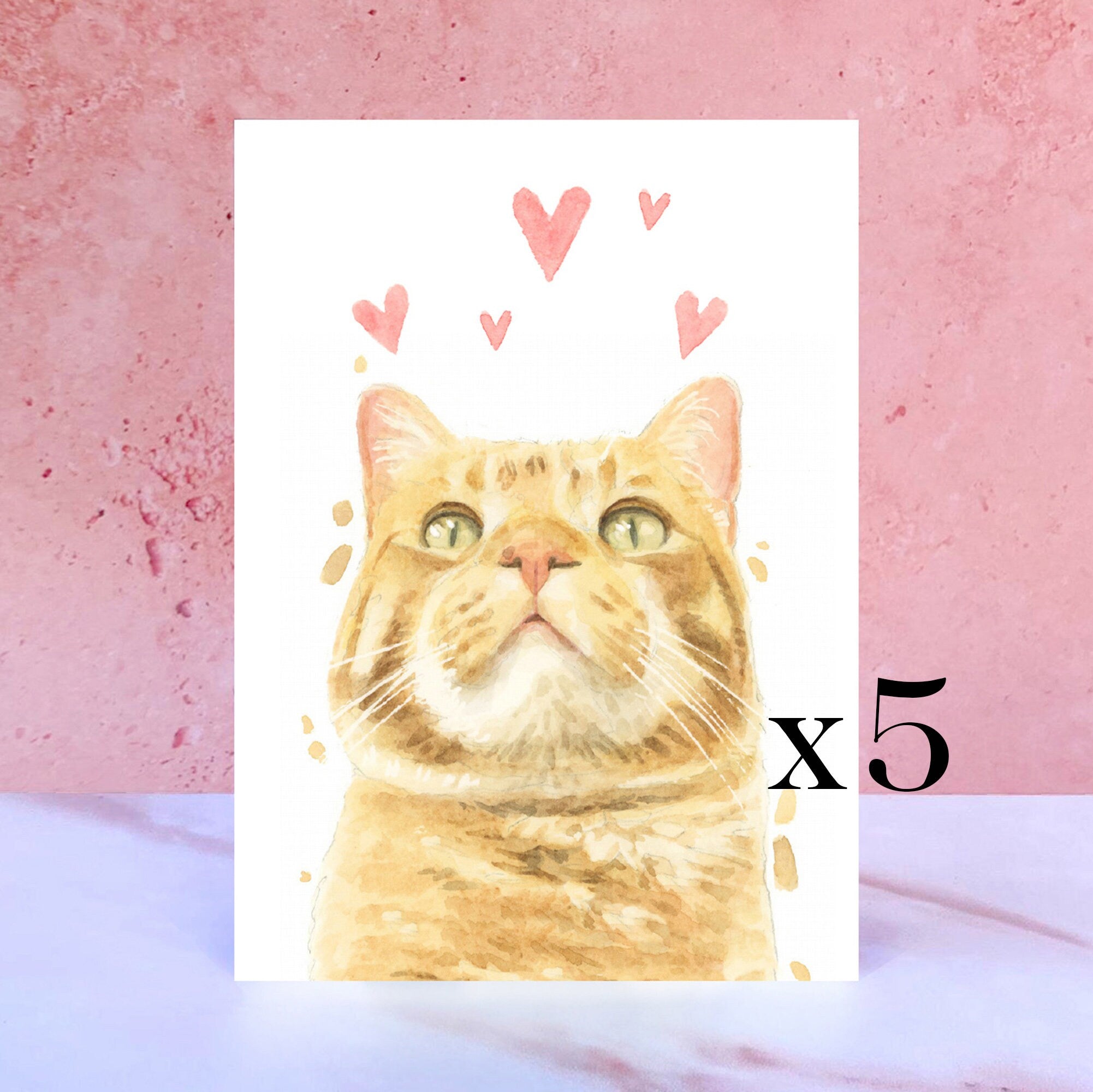 Pack of 5 Ginger and White Tabby Cat Licks & Kisses Card for Valentines, Anniversaries and from the Cat