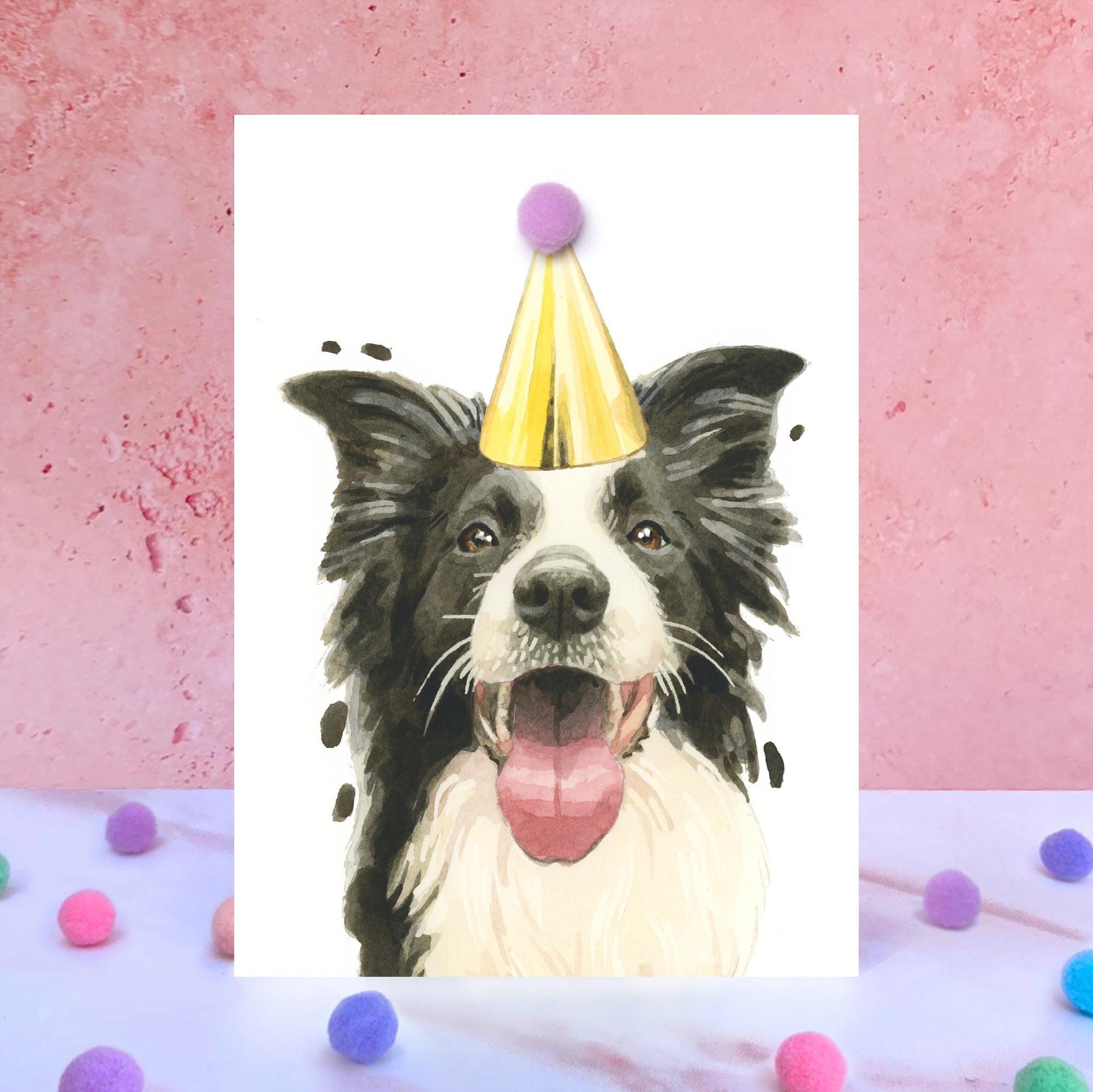 Border Collie Pompom Birthday Card
