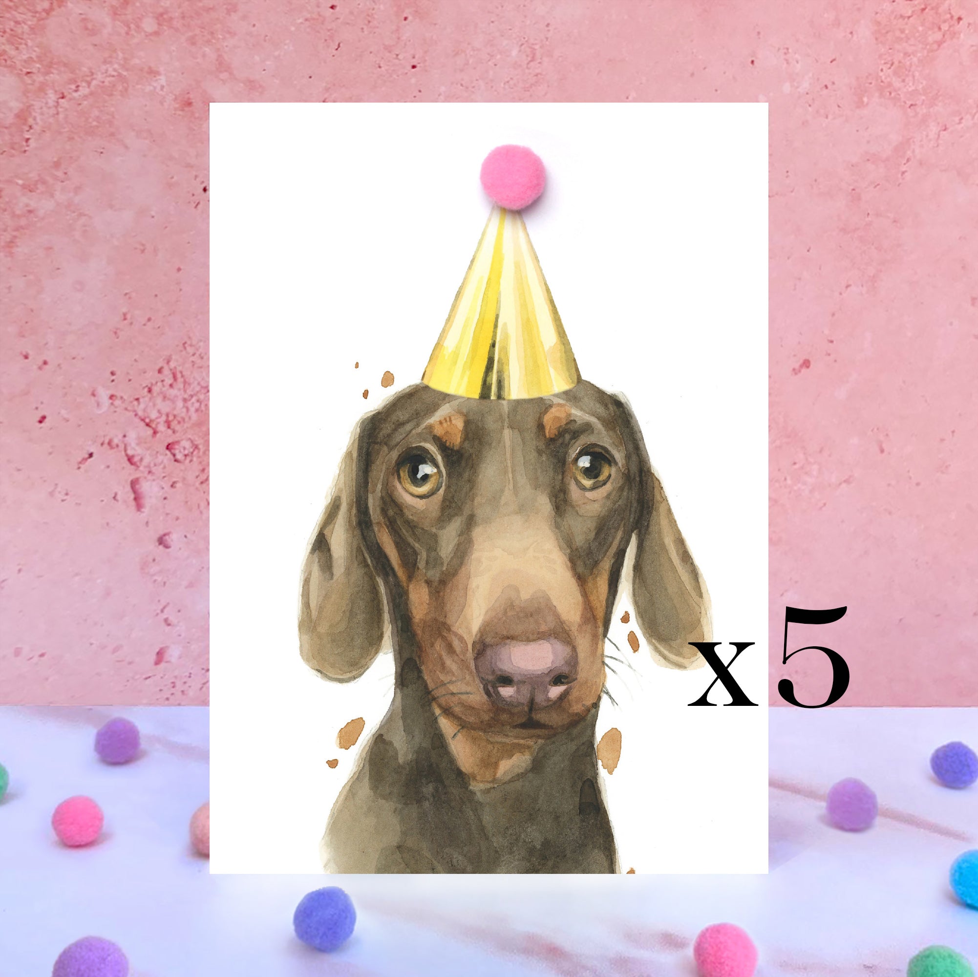 Pack of 5 Dachshund Pompom Birthday Card, Cute Sausage Dog Doxie Greeting Celebration Cards