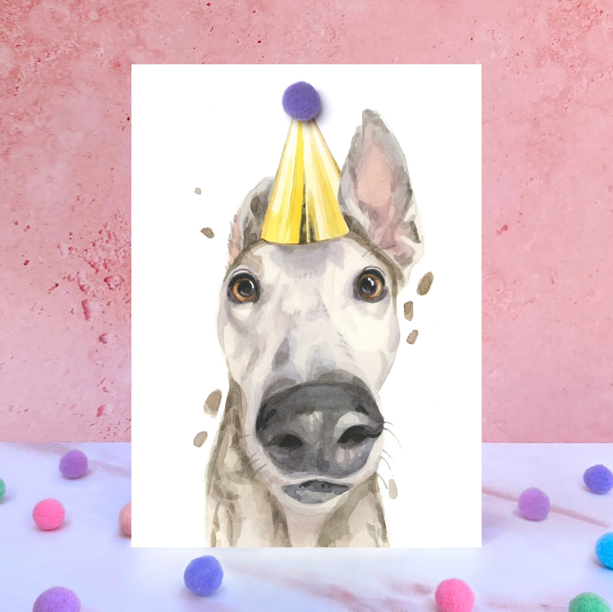 Greyhound Pompom Birthday Card