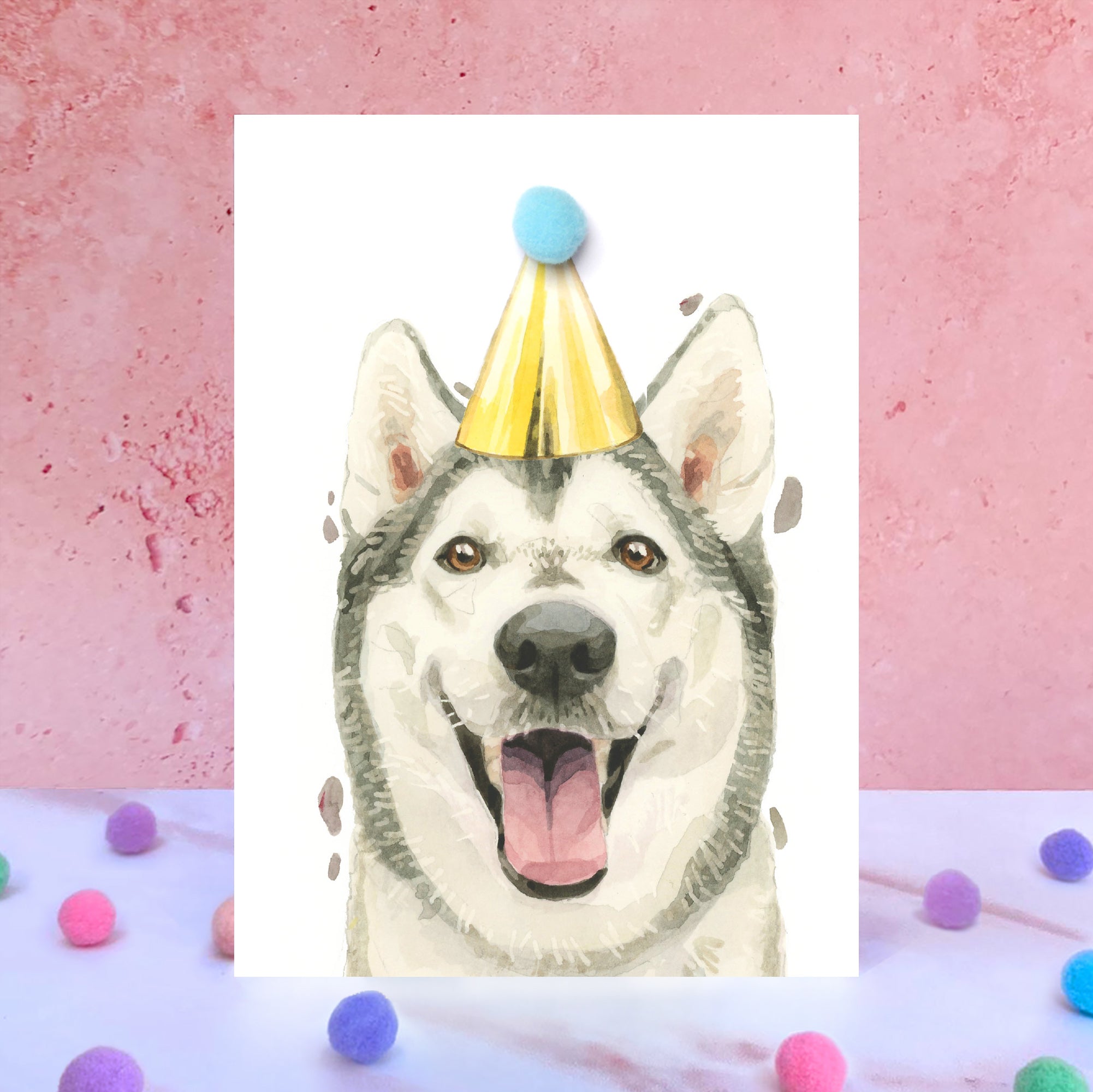 Husky Pompom Birthday Card