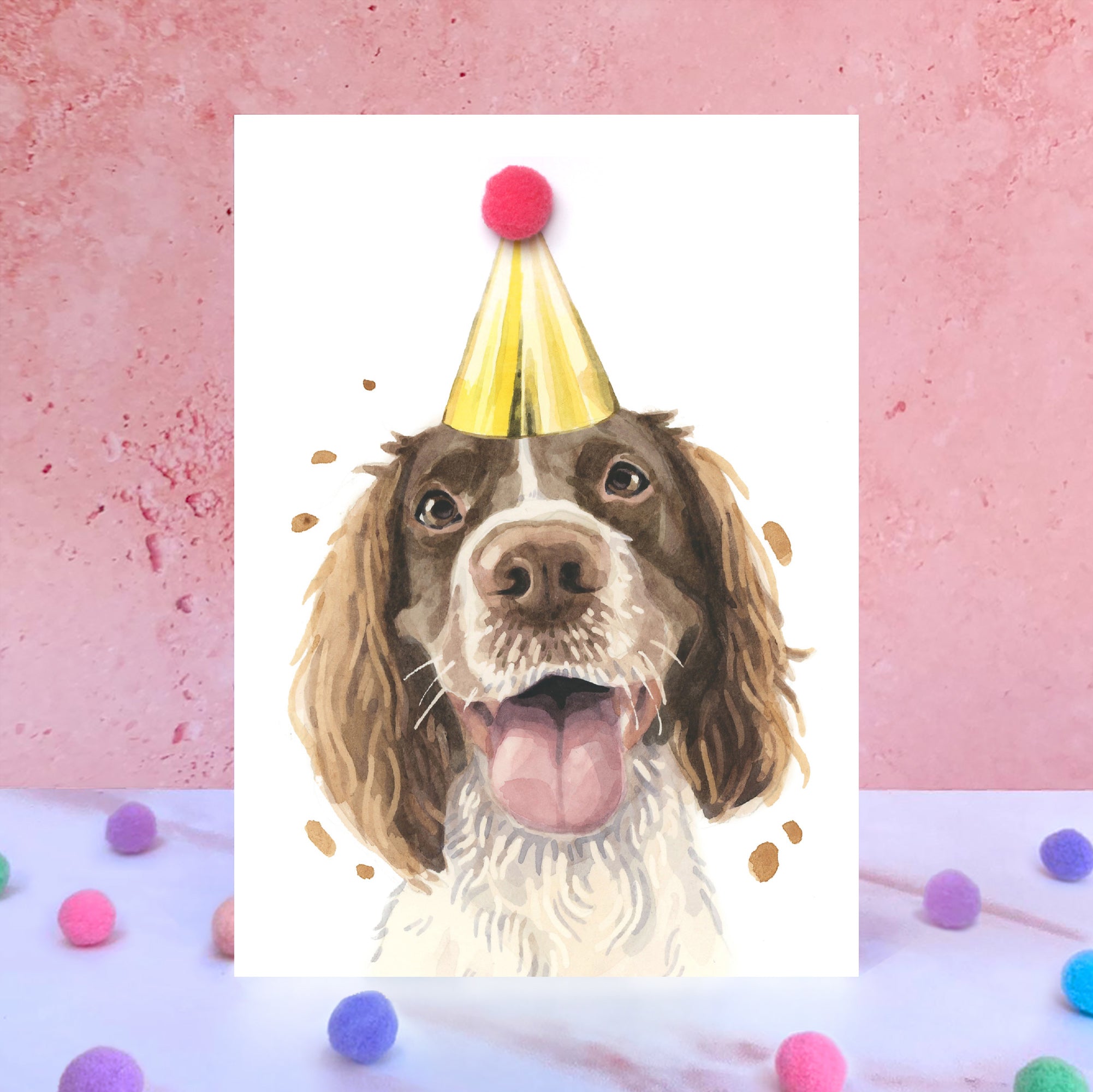 Springer Spaniel Pompom Birthday Card