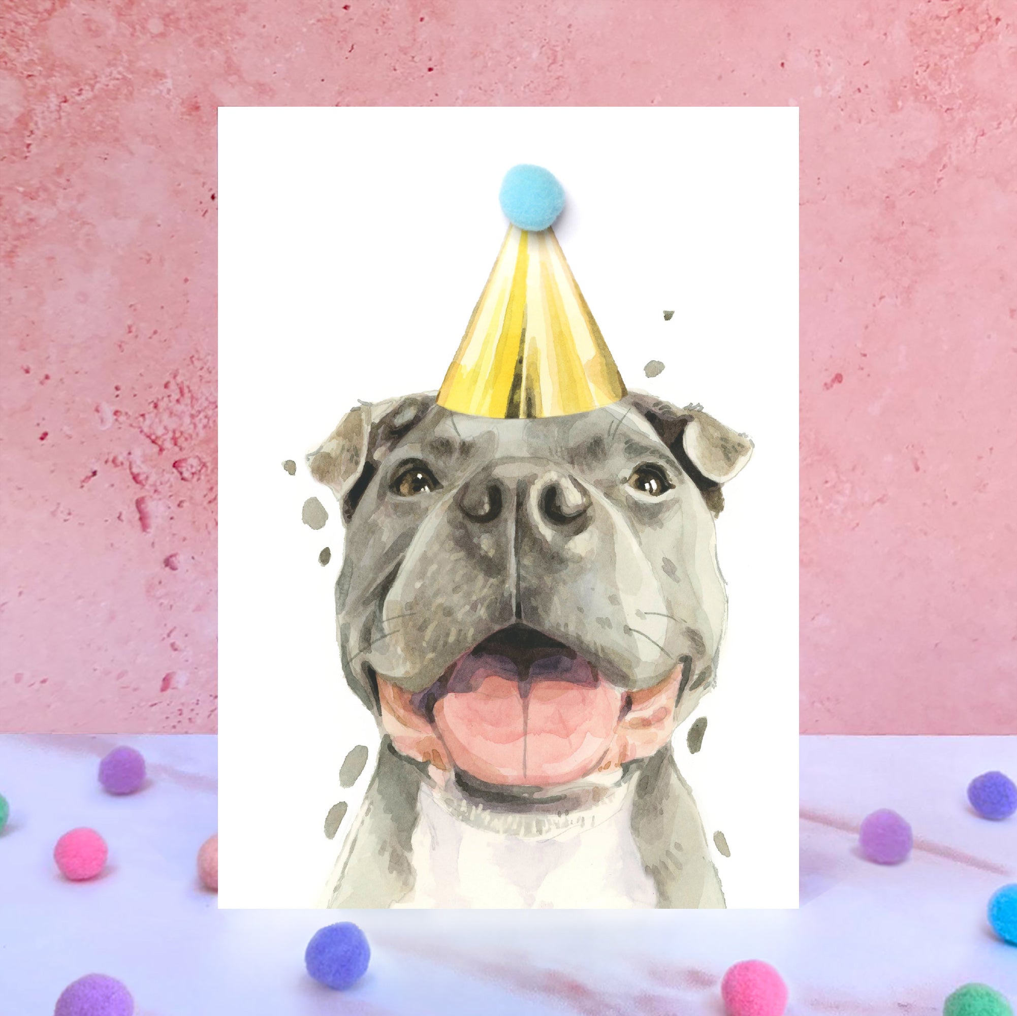 Staffordshire Bull Terrier Dog Pompom Staffie Birthday Card
