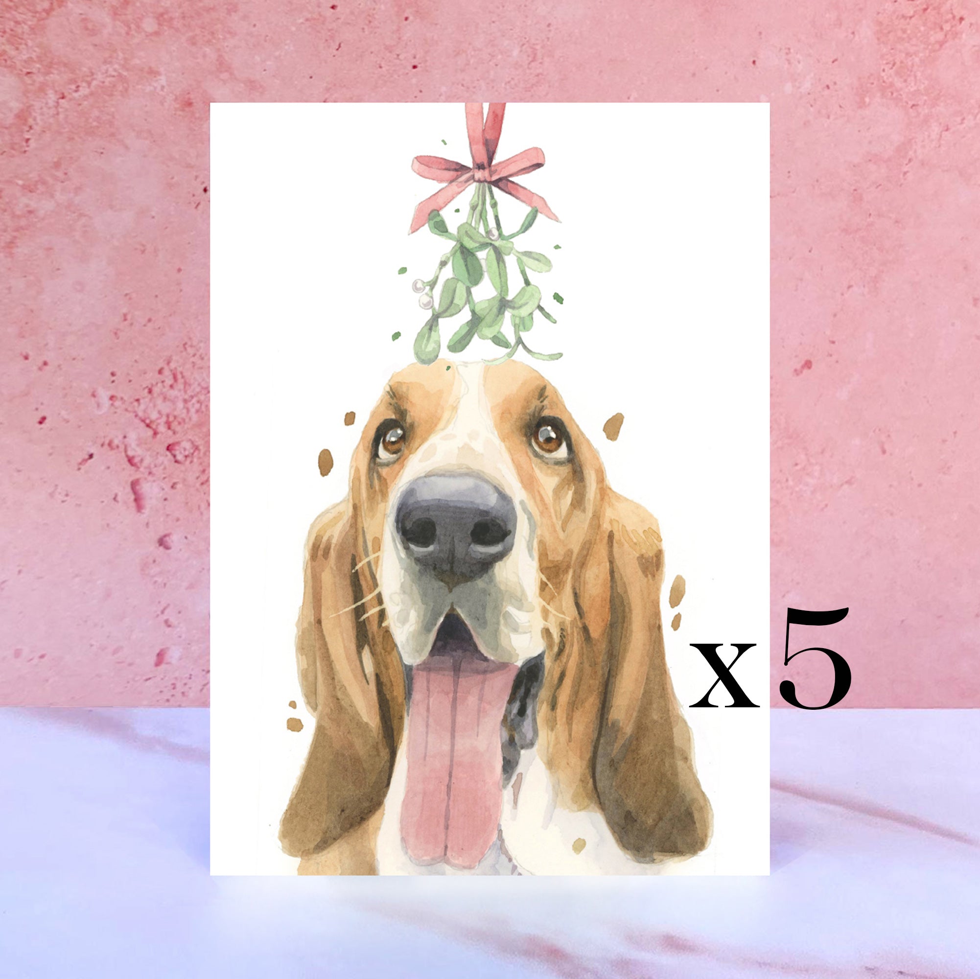 Pack of 5 Basset Hound Christmas Cards Holiday Greeting Card