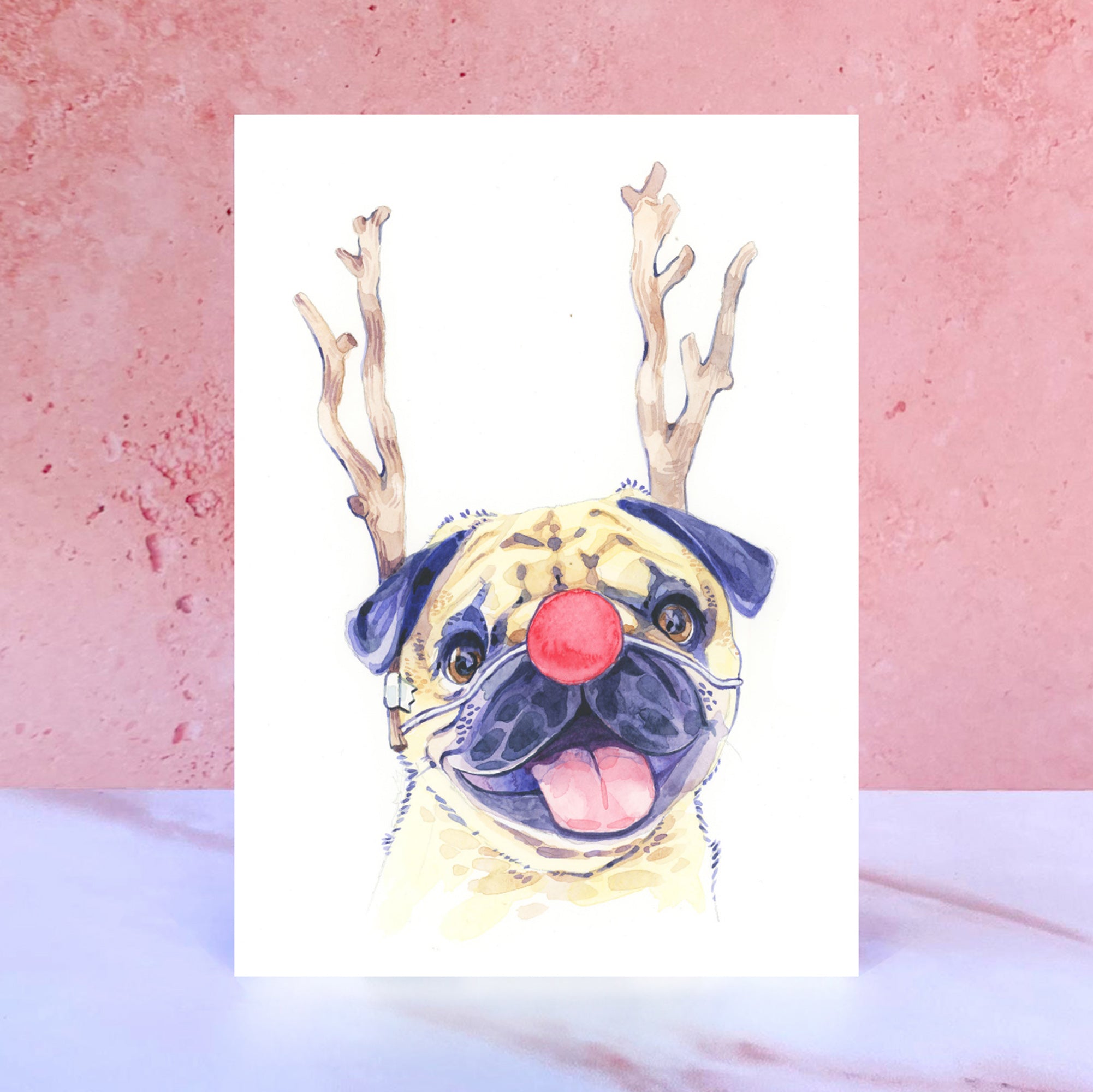 Pug Dog Christmas Cards, Cute Fine Art Puggy Xmas Holiday Greeting Card