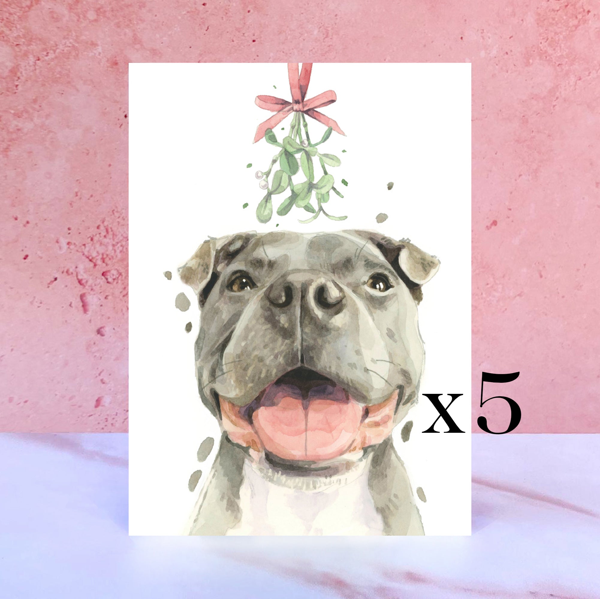 Pack of 5 Staffordshire Bull Terrier Christmas Card, Xmas Staffie Staffy Holiday Greeting Cards