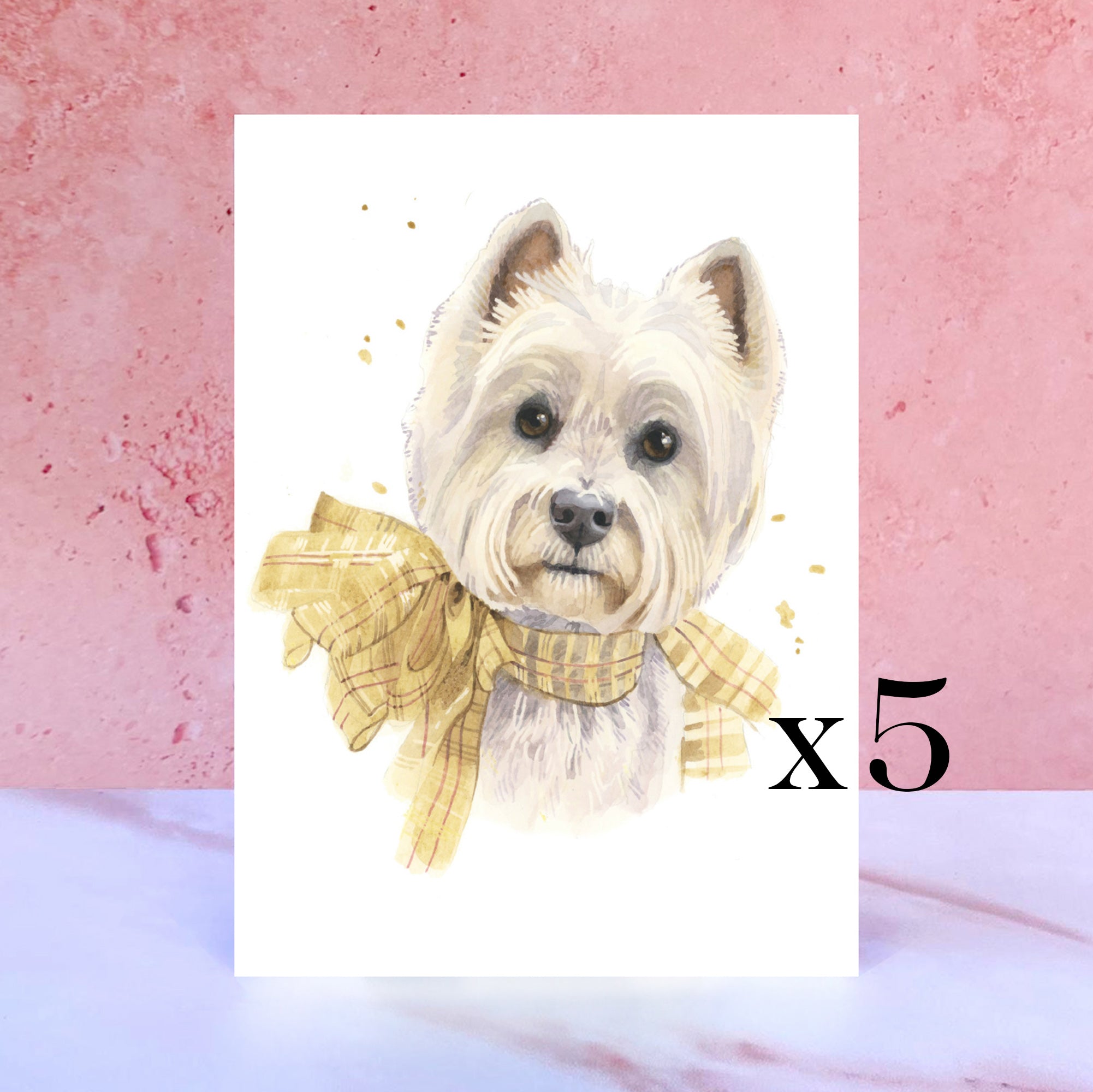 Pack of 5 Westie Christmas Cards, Cute West Highland White Terrier Art Xmas Holiday Greeting Card