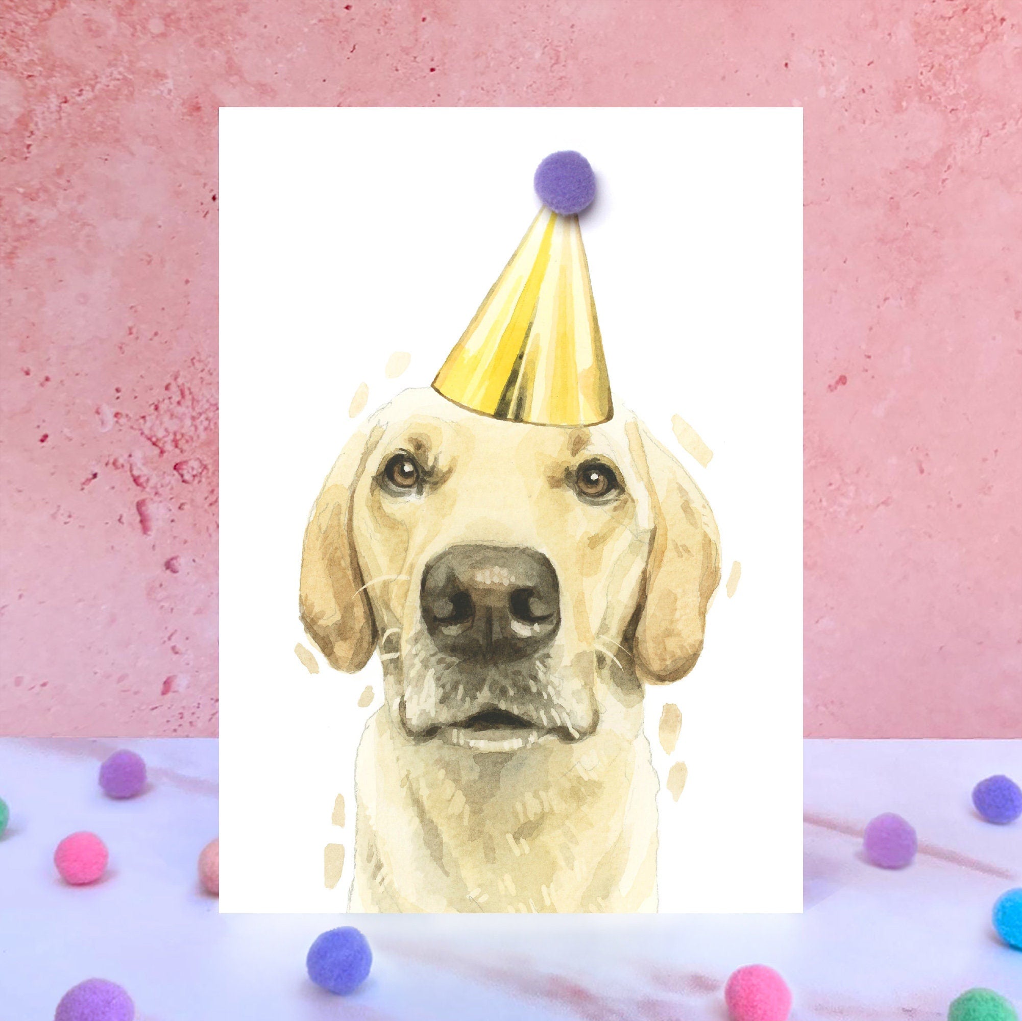 Yellow Labrador Pompom Birthday Card