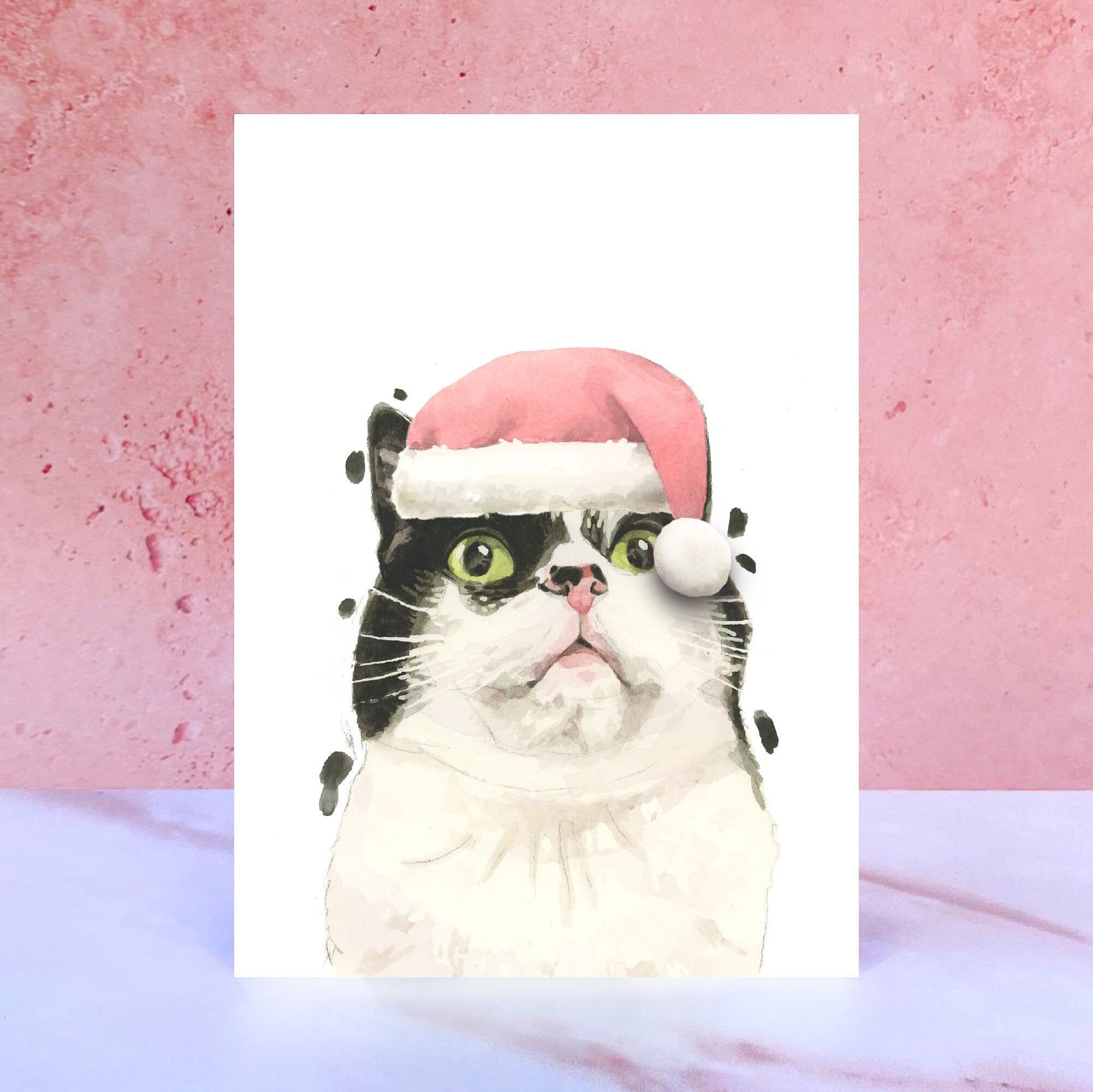 Black and White Cat Pompom Christmas Card