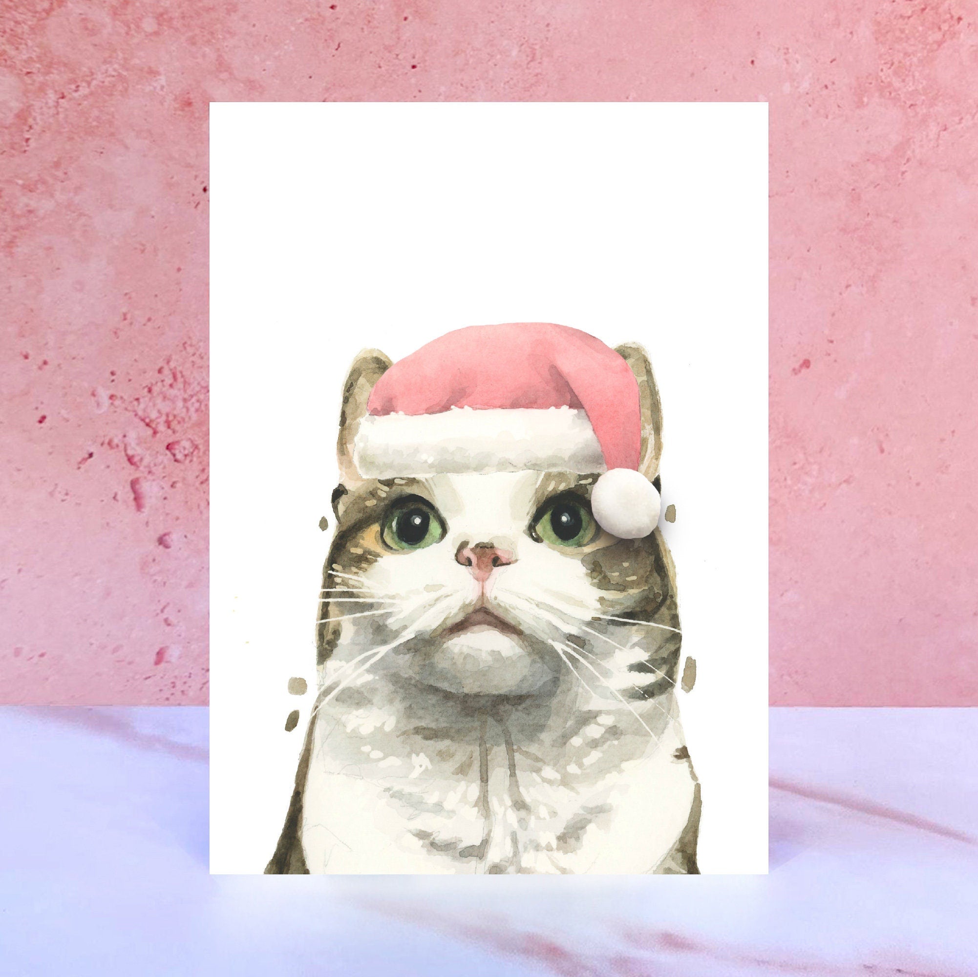 Tabby and White Cat Pompom Christmas Card