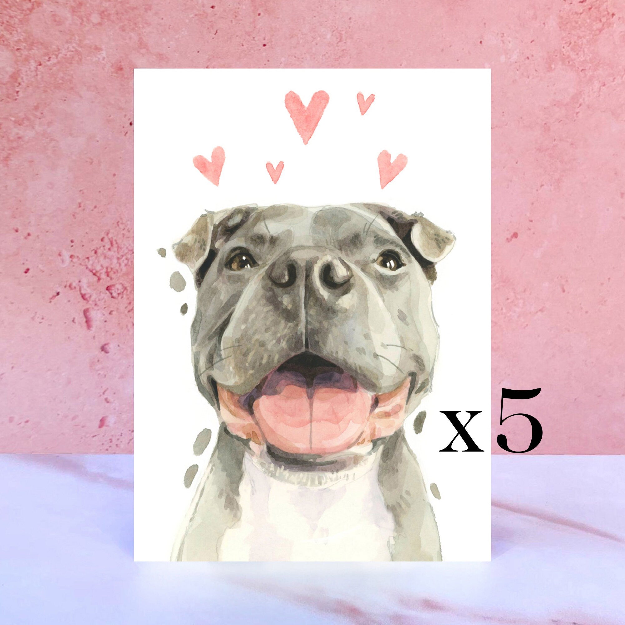 Pack of 5 Staffordshire Bull Terrier Licks & Kisses Card for Valentines, Anniversaries and from the Dog
