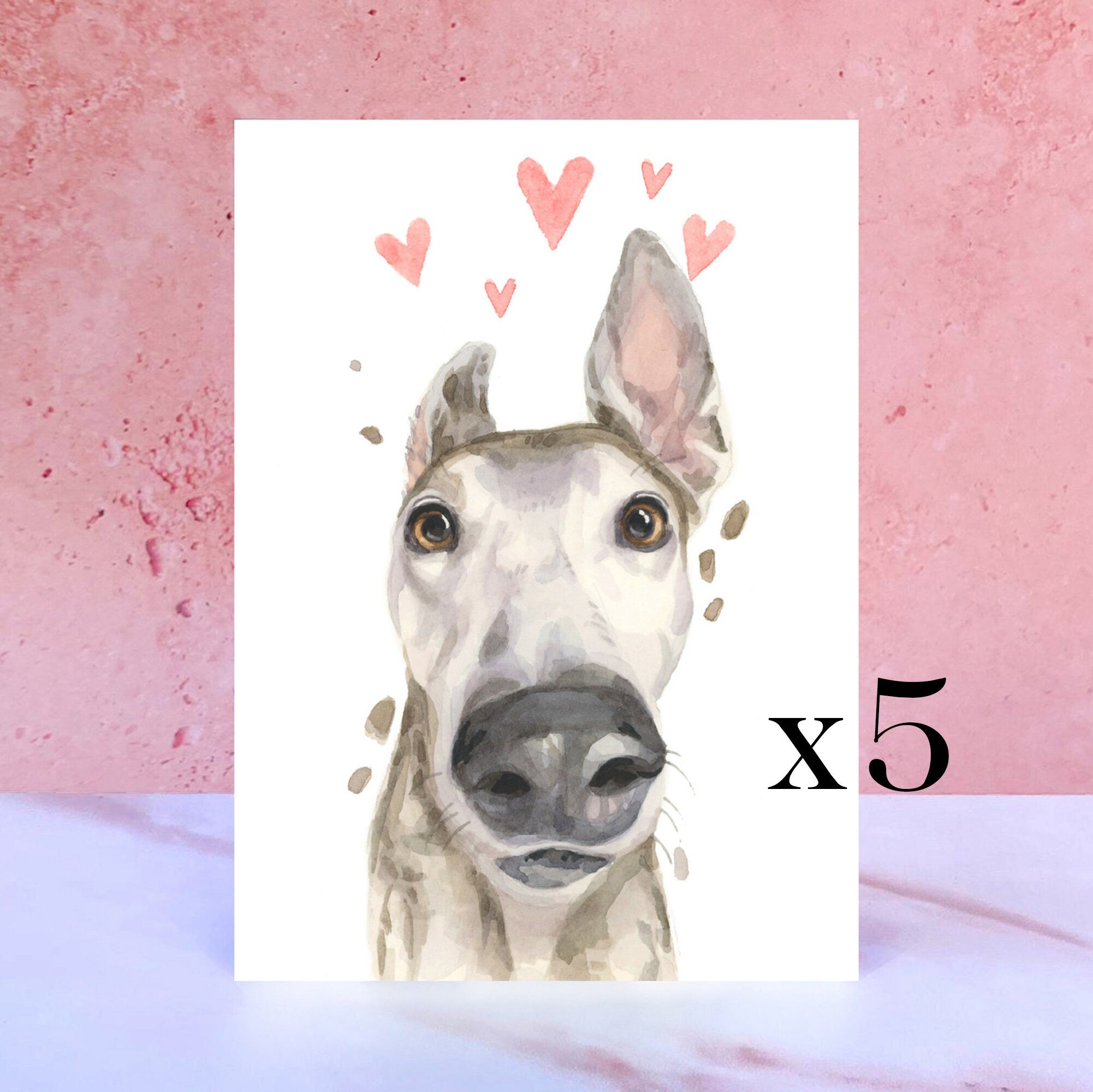 Pack of 5 Greyhound Licks & Kisses Card for Valentines, Anniversaries and from the Dog