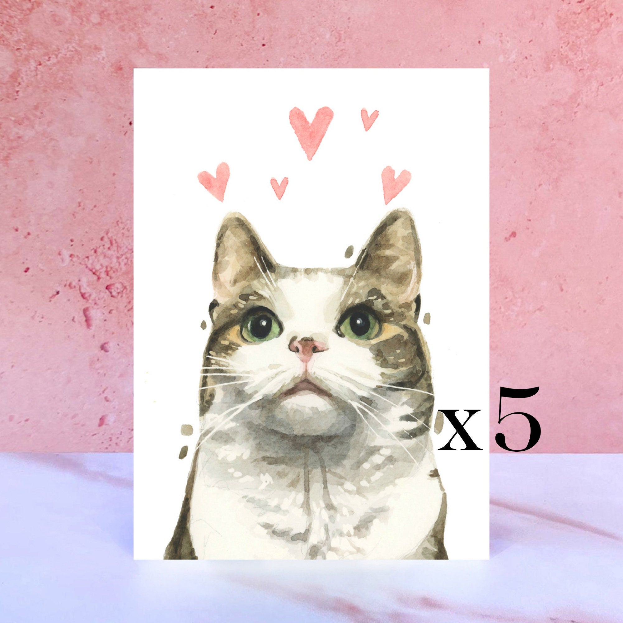 Pack of 5 Tabby and White Cat Licks & Kisses Card for Valentines, Anniversaries and from the Cat