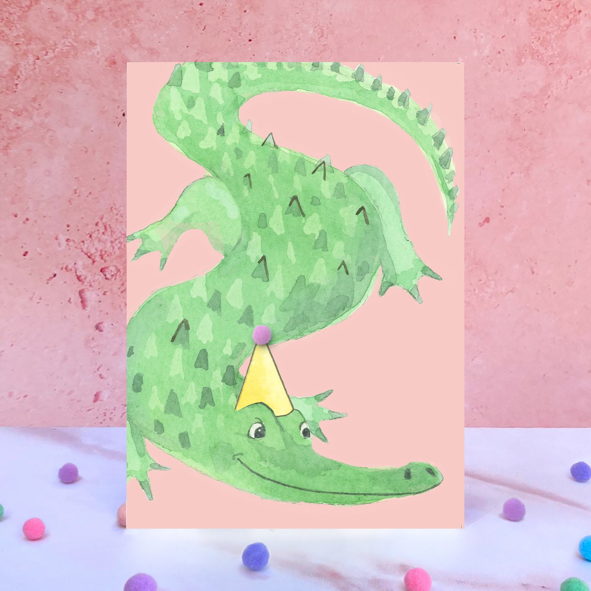 Crocodile Pompom Animal Birthday Card